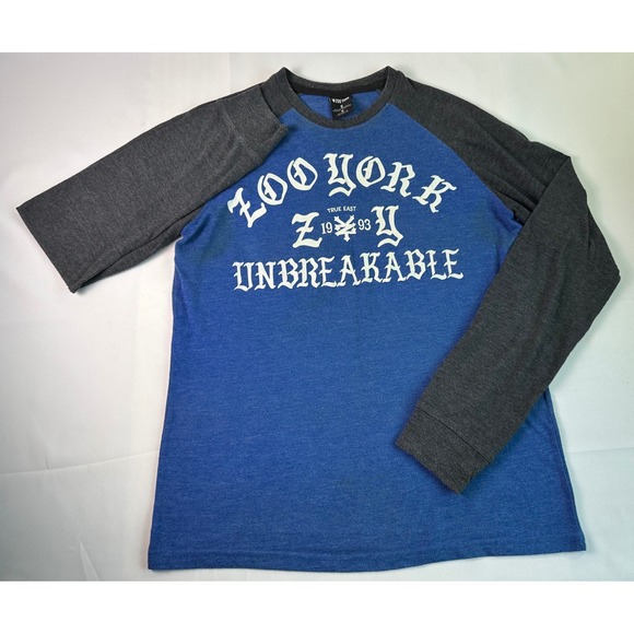 Zoo York Mens Small Long Sleeve Raglan T Shirt Blue Gray Unbreakable Graphic - Picture 1 of 6